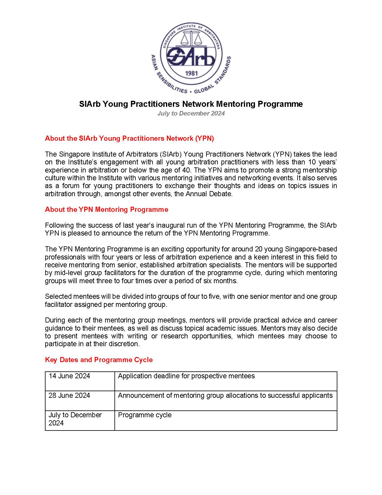 SIArb Young Practitioners Network Mentoring 2024 Brochure Page 1